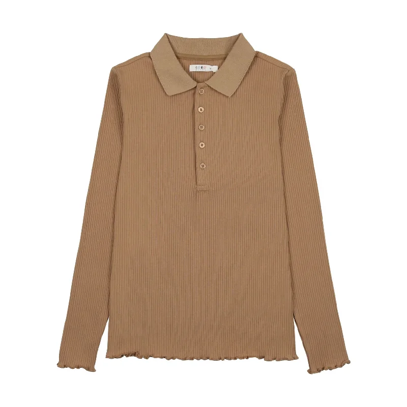 Coco Blanc Camel Ribbed Long Sleeve Ribbed Polo