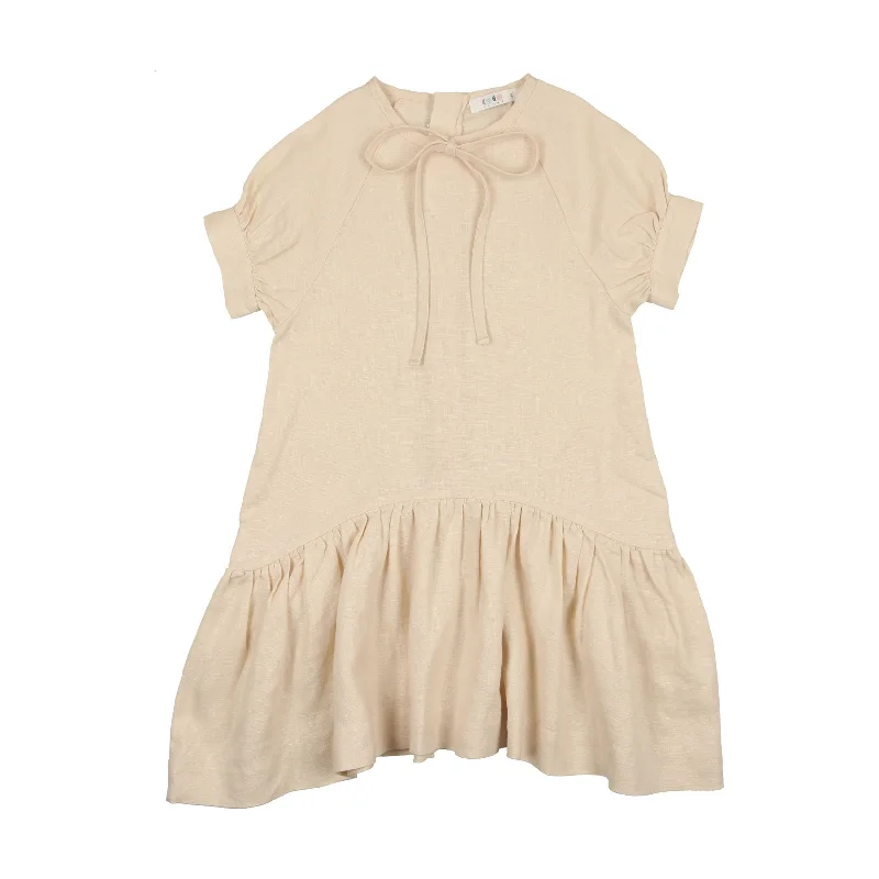 Coco Blanc Cream Short Sleeve Linen Tie Dress