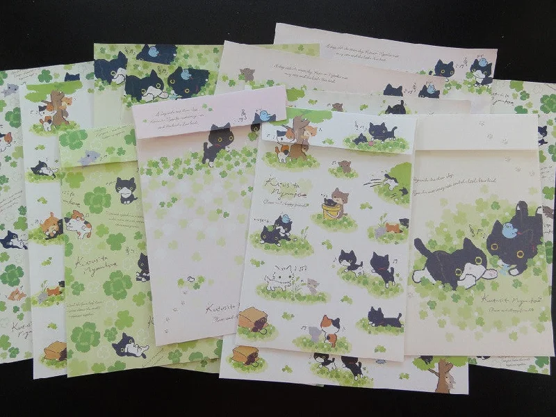 Kawaii Cute San-X Kutusita Nyanko Cat Clover Green Happy Friends Letter Sets - A