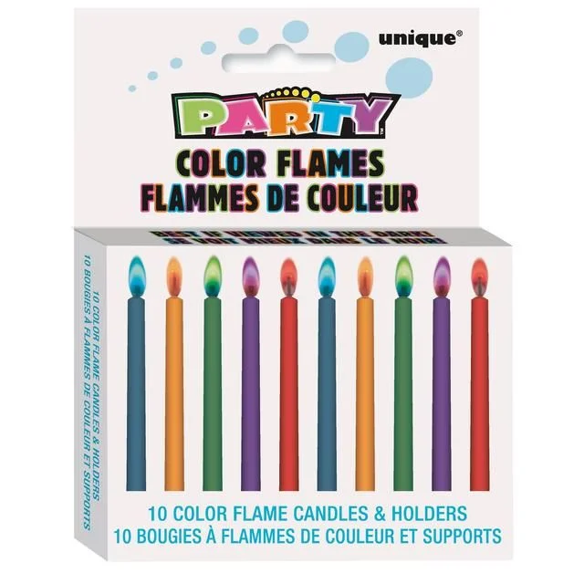 Colour Flame Birthday Candles With Holders   10 per pack