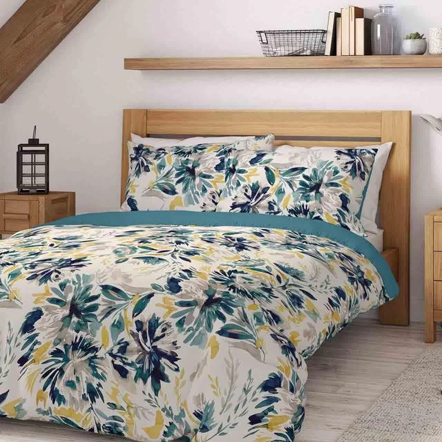 M&S Pure Cotton Watercolour Floral Bedding Set Teal